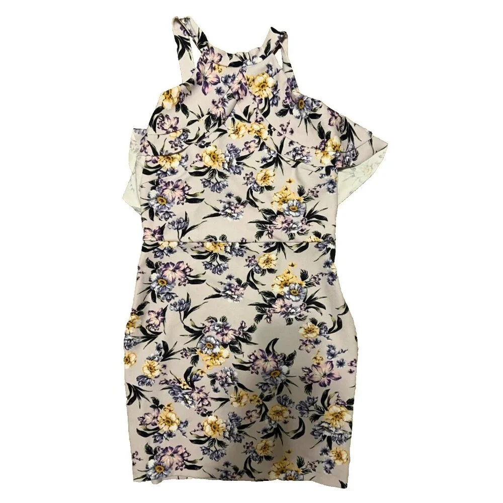 BEBE Dress 10 Lavender Stretch Floral Halter Tie Ruffle Summer Fairy NWT $129